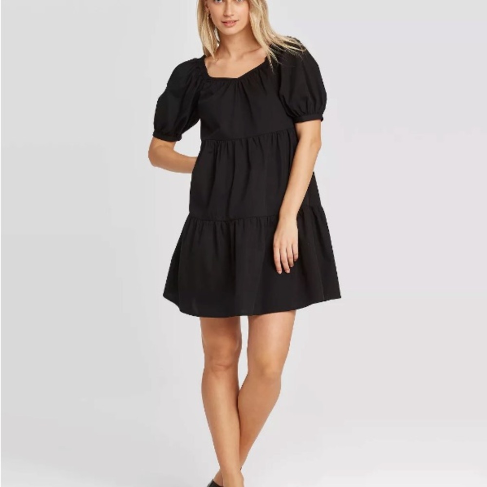 Who What Wear Black Puff Sleeve Babydoll Dress — Size M